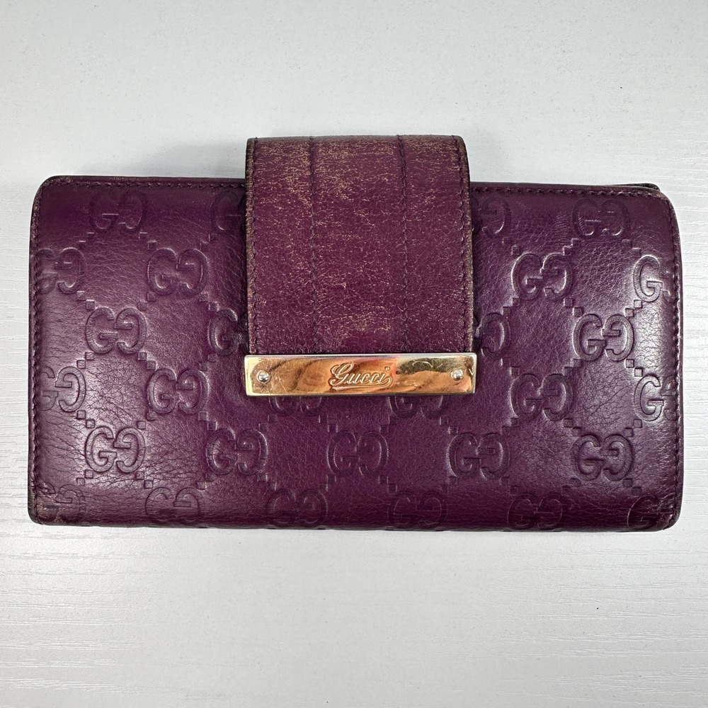 Vintage Gucci Guccissima Purple Leather Long Wallet GG Monogram Gold Logo Italy